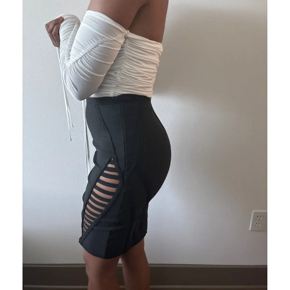 High Waist Skirt Size Medium Black Cutout Lattice Bodycon Stretch Bold Clubwear - Picture 8 of 16